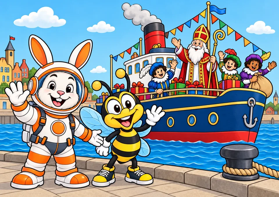 Sinterklaas en zijn Pieten zwaaien vanaf de stoomboot naar een konijn in een ruimtepak en een vrolijke bij op de kade.